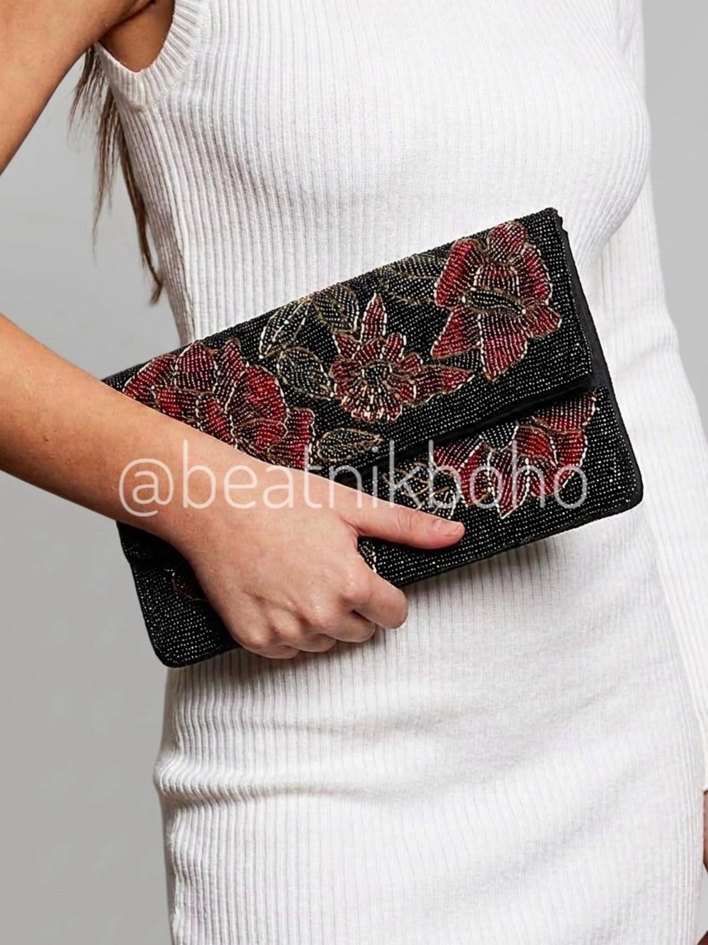 POL Black Floral Beaded Shoulder Bag | Evening Clutch Statement Purse Christmas - Picture 2 of 9